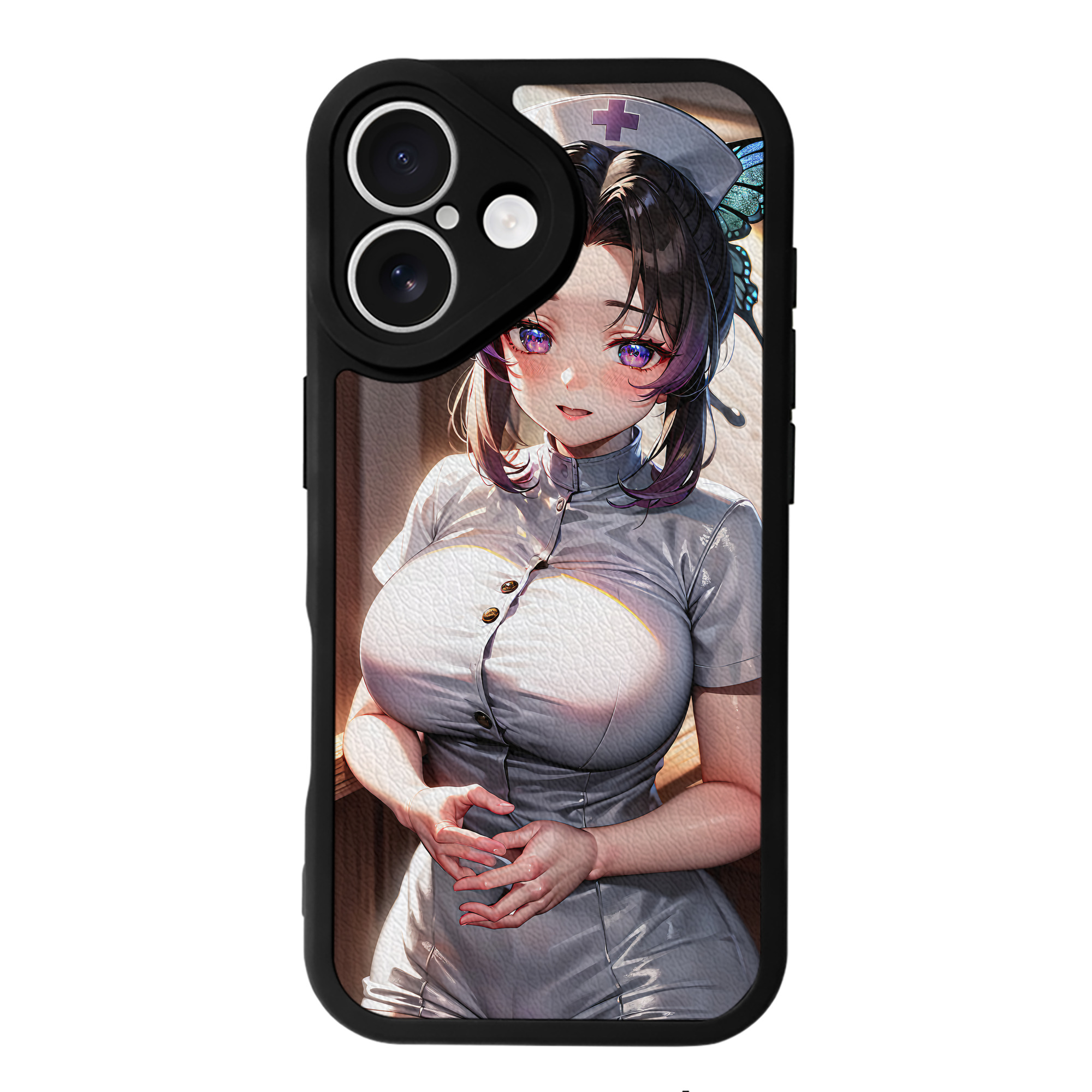 （画像用） 鬼滅の刃（きめつのやいば）蟲柱-胡蝶 しのぶ／こちょう しのぶ Kochou Shinobu 【iPhone 16シリーズ対応】シリコンスマホケース（レザー調） 材質：シリコン
